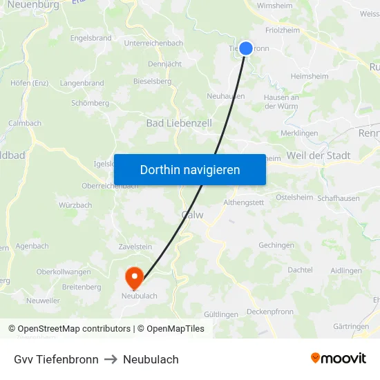 Gvv Tiefenbronn to Neubulach map