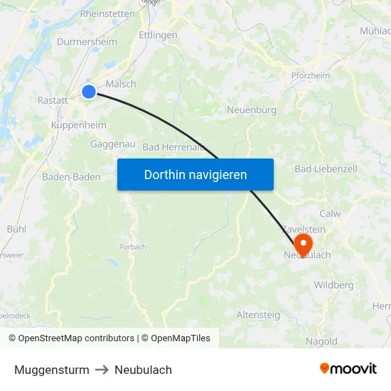 Muggensturm to Neubulach map