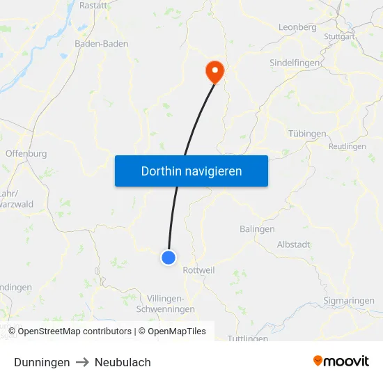 Dunningen to Neubulach map