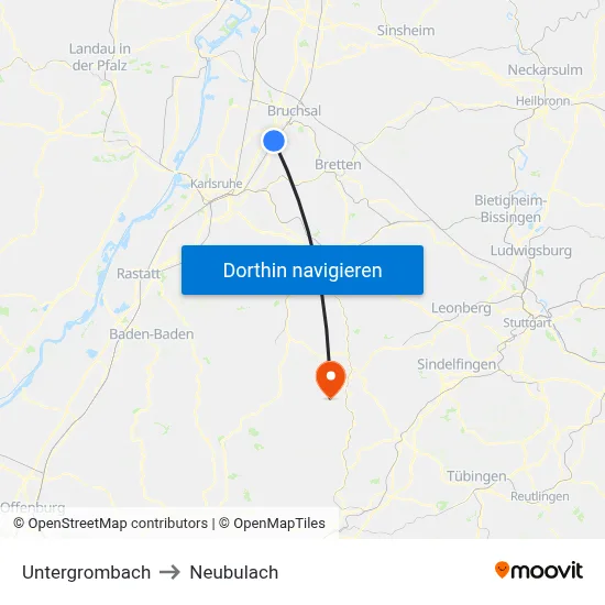 Untergrombach to Neubulach map