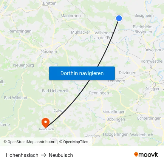 Hohenhaslach to Neubulach map