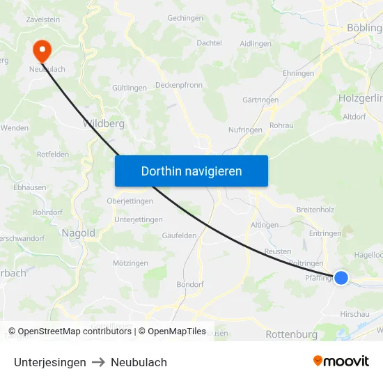 Unterjesingen to Neubulach map