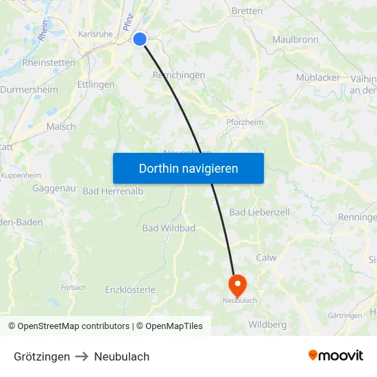 Grötzingen to Neubulach map