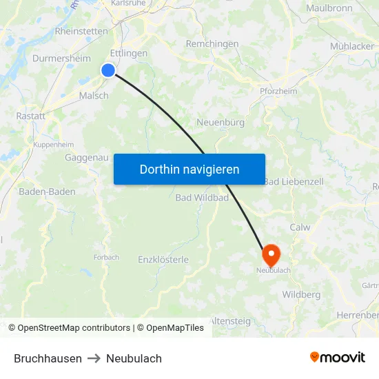 Bruchhausen to Neubulach map