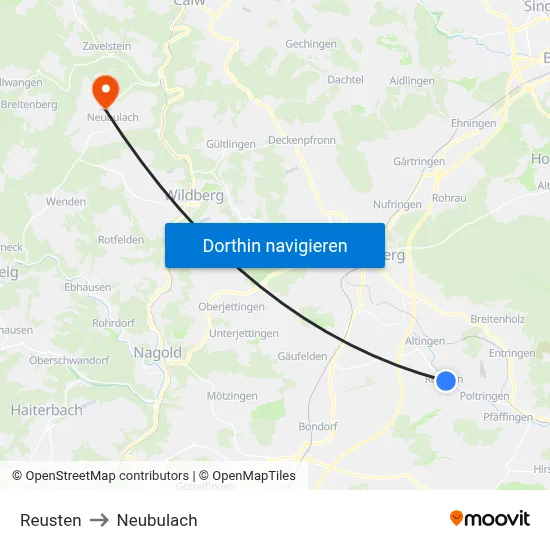 Reusten to Neubulach map