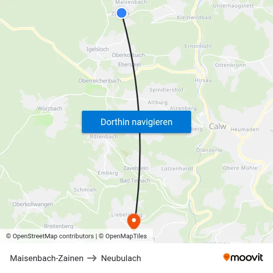 Maisenbach-Zainen to Neubulach map