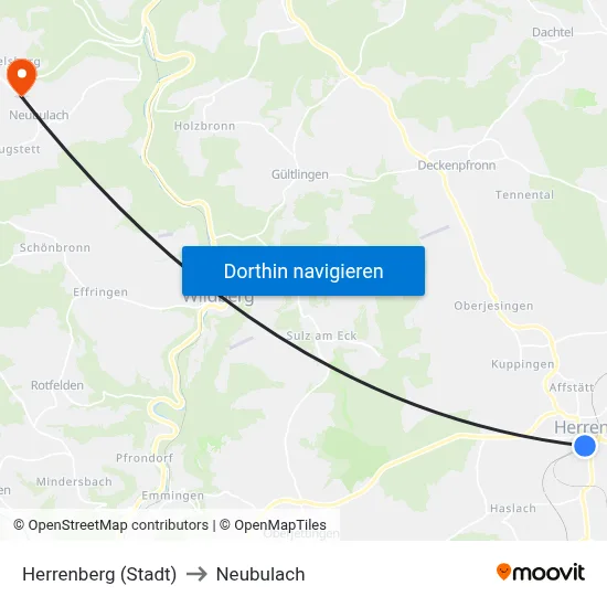 Herrenberg (Stadt) to Neubulach map