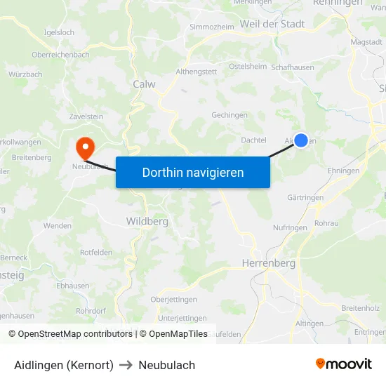 Aidlingen (Kernort) to Neubulach map