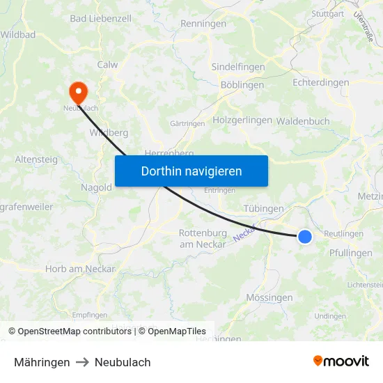 Mähringen to Neubulach map