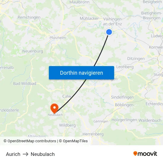 Aurich to Neubulach map