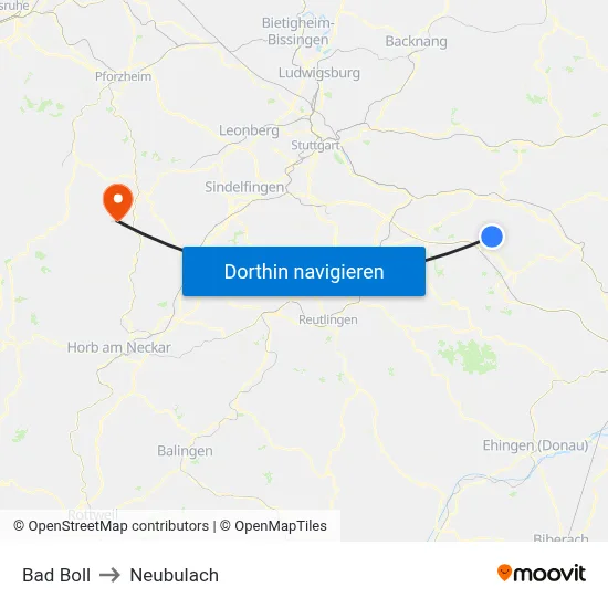 Bad Boll to Neubulach map