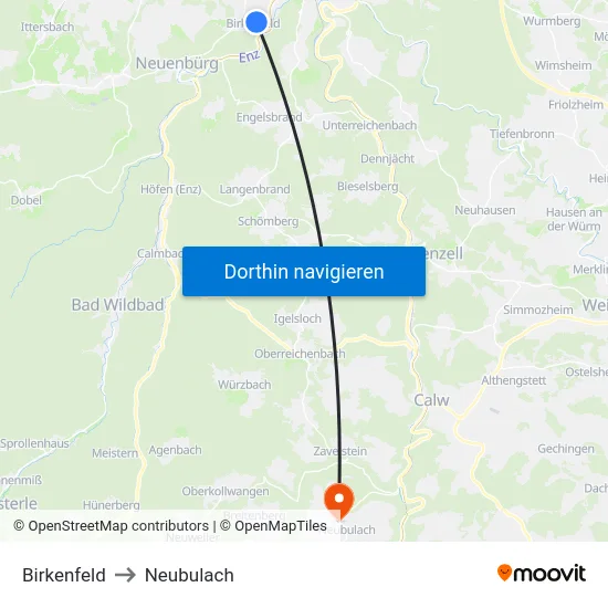 Birkenfeld to Neubulach map