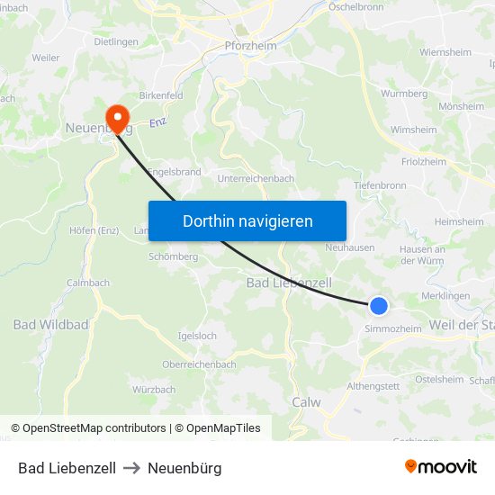 Bad Liebenzell to Neuenbürg map