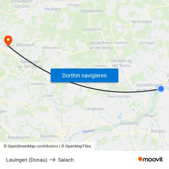 Lauingen (Donau) to Salach map