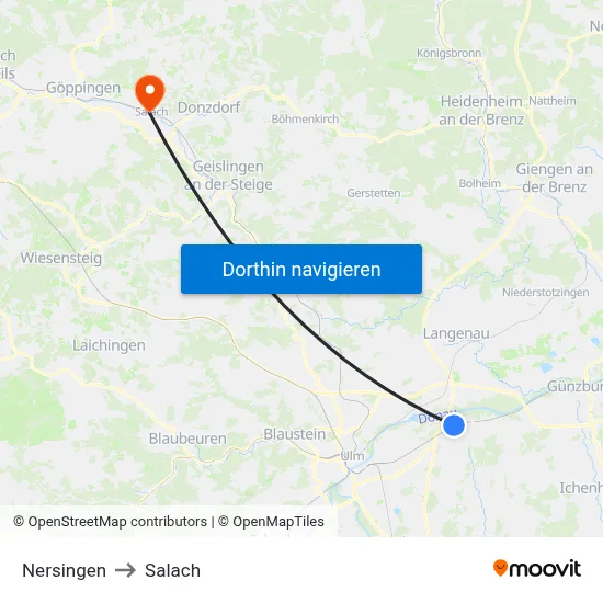 Nersingen to Salach map