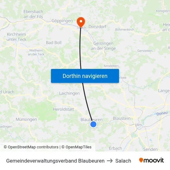 Gemeindeverwaltungsverband Blaubeuren to Salach map