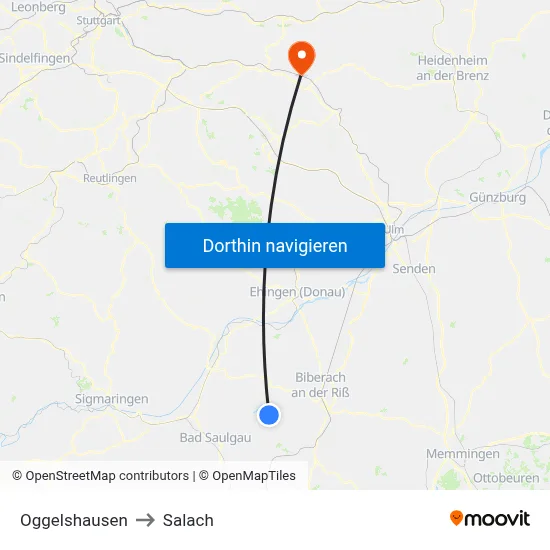 Oggelshausen to Salach map