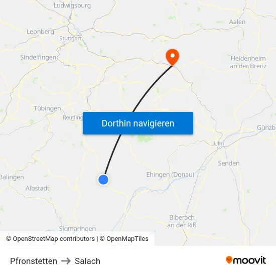 Pfronstetten to Salach map