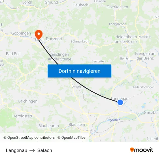 Langenau to Salach map