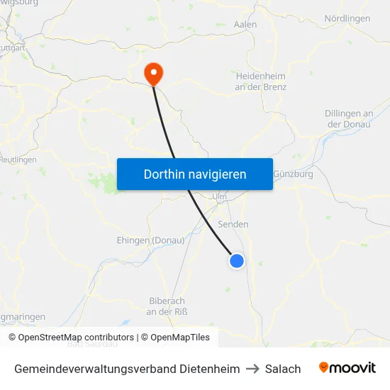 Gemeindeverwaltungsverband Dietenheim to Salach map