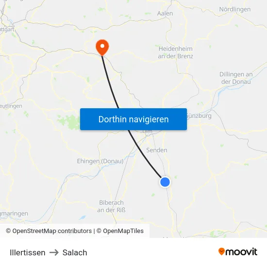 Illertissen to Salach map