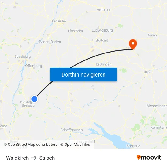 Waldkirch to Salach map