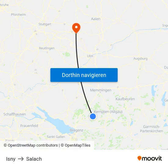 Isny to Salach map