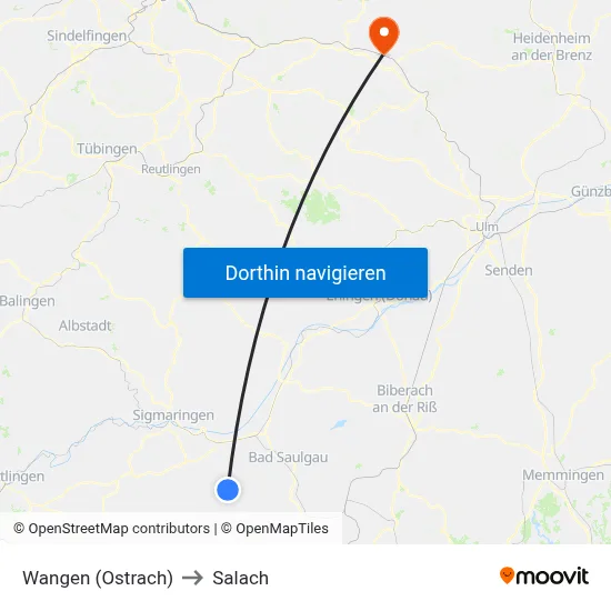 Wangen (Ostrach) to Salach map