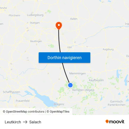 Leutkirch to Salach map
