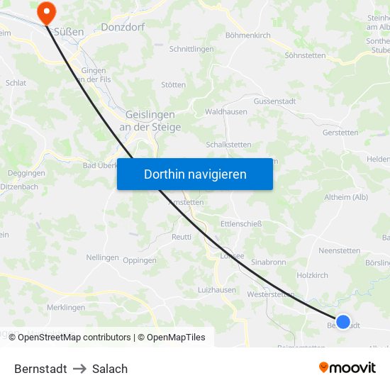 Bernstadt to Salach map
