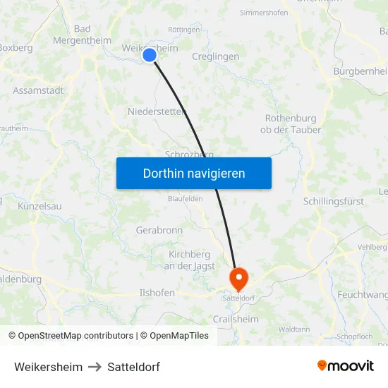 Weikersheim to Satteldorf map