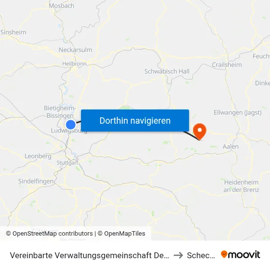 Vereinbarte Verwaltungsgemeinschaft Der Stadt Freiberg am Neckar to Schechingen map