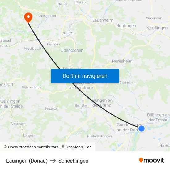 Lauingen (Donau) to Schechingen map