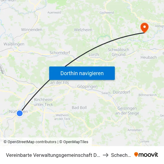 Vereinbarte Verwaltungsgemeinschaft Der Stadt Nürtingen to Schechingen map