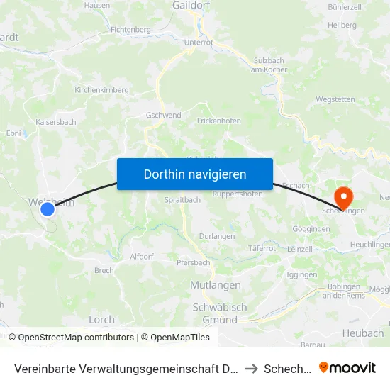 Vereinbarte Verwaltungsgemeinschaft Der Stadt Welzheim to Schechingen map