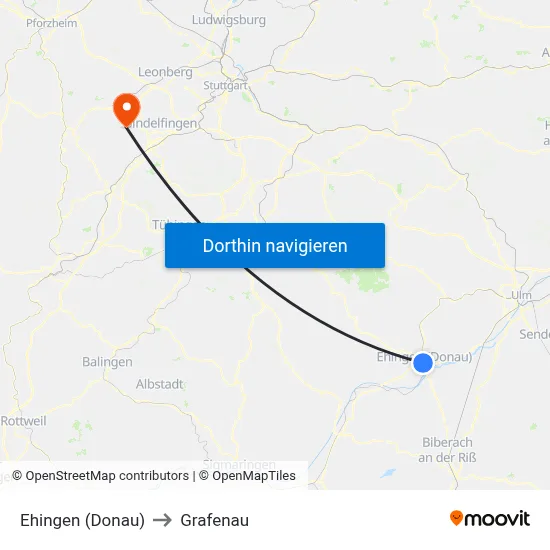 Ehingen (Donau) to Grafenau map