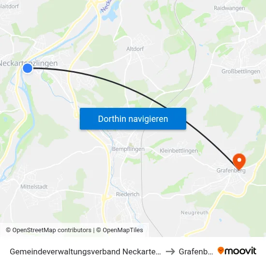 Gemeindeverwaltungsverband Neckartenzlingen to Grafenberg map