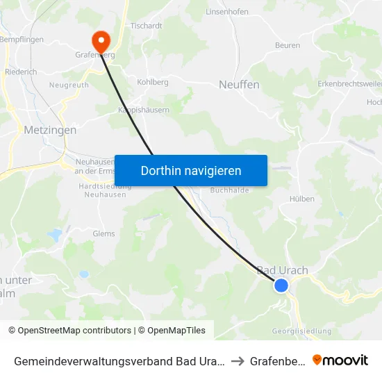 Gemeindeverwaltungsverband Bad Urach to Grafenberg map