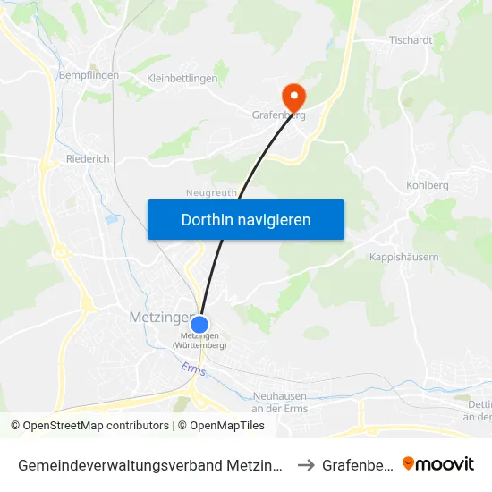 Gemeindeverwaltungsverband Metzingen to Grafenberg map