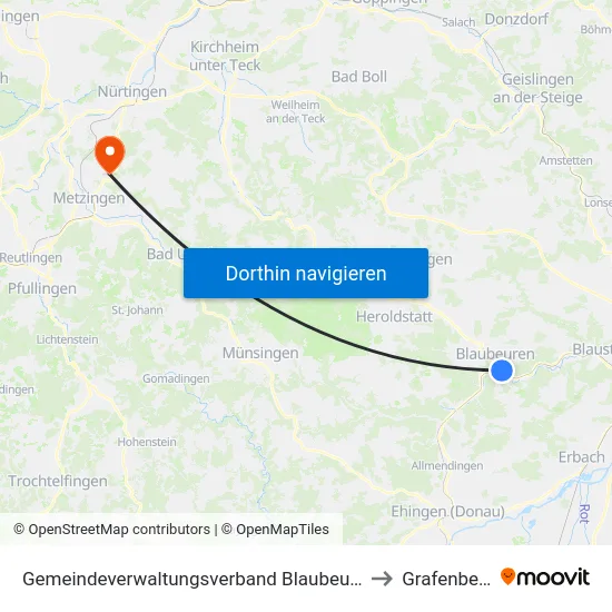 Gemeindeverwaltungsverband Blaubeuren to Grafenberg map
