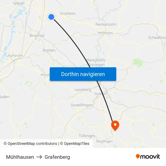 Mühlhausen to Grafenberg map