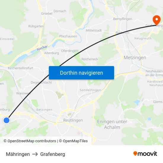 Mähringen to Grafenberg map