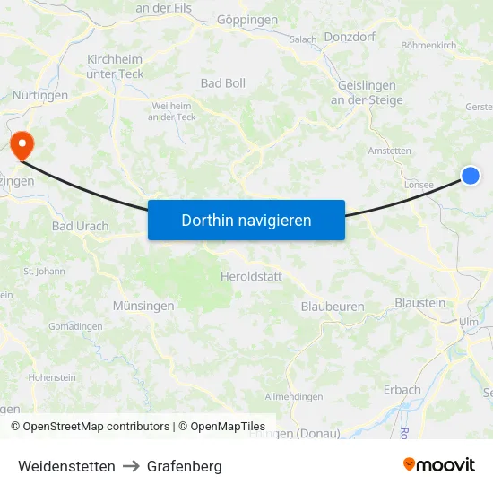 Weidenstetten to Grafenberg map