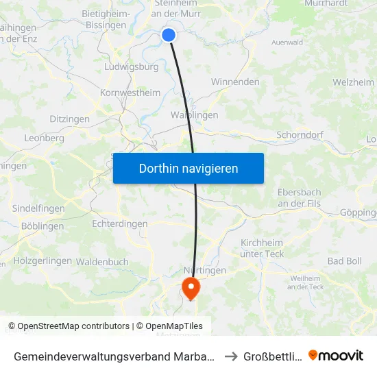 Gemeindeverwaltungsverband Marbach am Neckar to Großbettlingen map