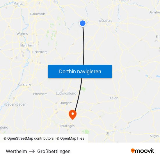 Wertheim to Großbettlingen map