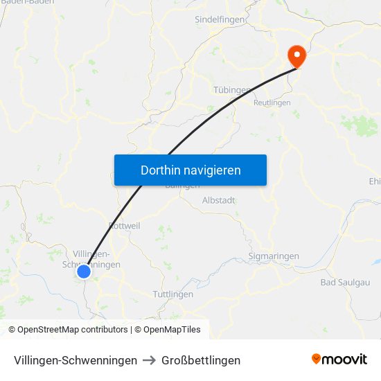 Villingen-Schwenningen to Großbettlingen map