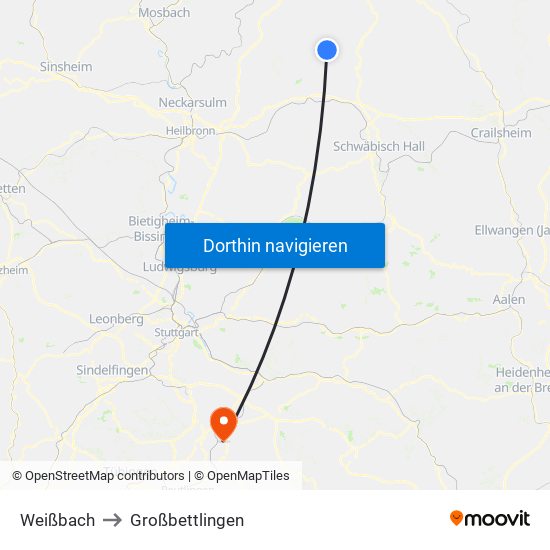 Weißbach to Großbettlingen map