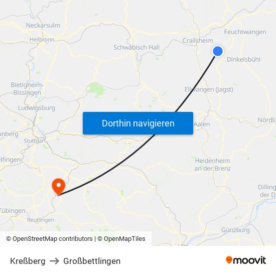 Kreßberg to Großbettlingen map