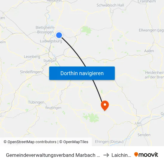 Gemeindeverwaltungsverband Marbach am Neckar to Laichingen map