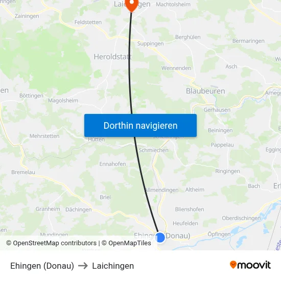 Ehingen (Donau) to Laichingen map